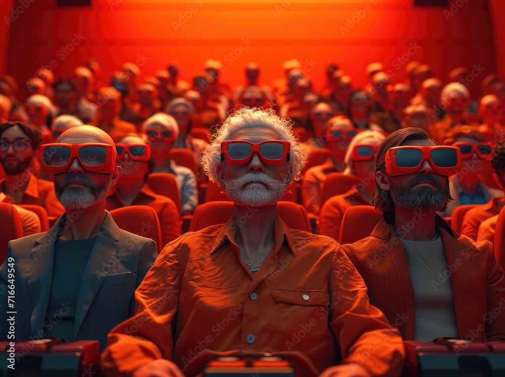 A diverse group of individuals sporting orange glasses sit together in a vibrant indoor setting, their faces adorned with expressions of curiosity and fashion-forward style