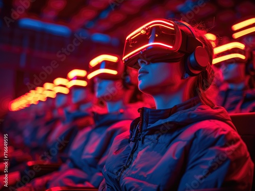 A group of individuals immersed in a virtual world, their faces obscured by red goggles, fully embodying the power of technology and the limitless possibilities of the human imagination