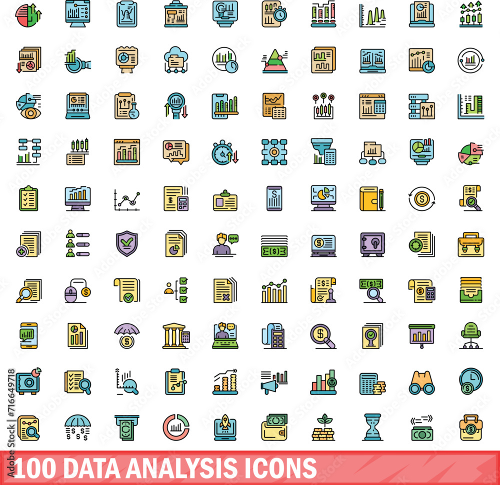 100 data analysis icons set. Color line set of data analysis vector icons thin line color flat on white 100 data analysis icons set. Color line set of data analysis vector icons thin line color flat on white