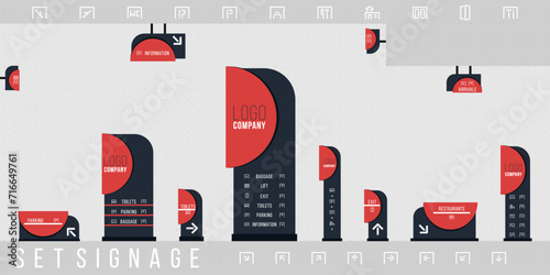 Set of signage vector.Direction,pole, wall mount and traffic signage system design template set.Exterior and interior signage concept. Office exterior monument sign, pylon sign