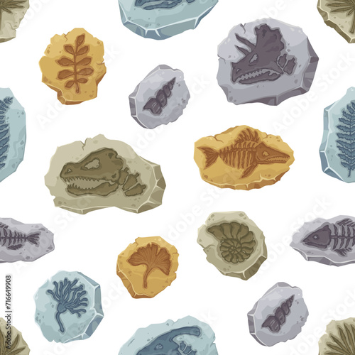 Seamless pattern of dinosaur fossil, ancient fish skeleton and stone plant imprint. Paleontology vector background with cartoon prehistoric animal skull, flower, seashell and leaf fossils, archaeology