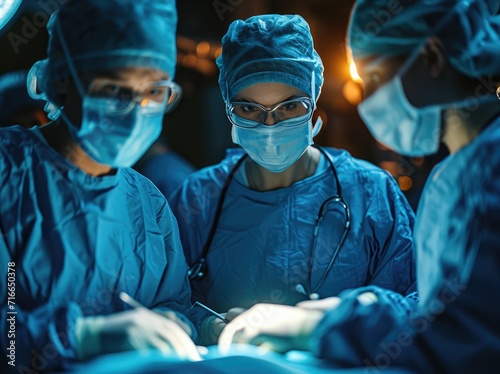 A team of skilled surgeons, clad in their sterile scrubs and masks, work together in a busy operating theater, utilizing advanced medical equipment and precise surgical instruments to perform a life-