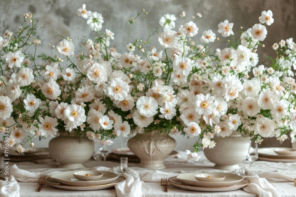 An elegant display of white blooms adorns the table, bringing life and beauty to the space with its delicate porcelain vases and intricate floral design