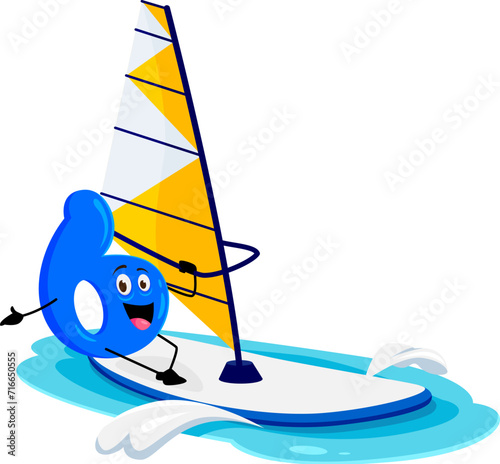Cartoon cheerful math number six character rides the waves on a windsurf during summer vacation. Isolated vector 6 personage enjoying holidays, bringing splash of numerical fun to the sunny adventure