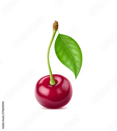 Realistic isolated ripe raw cherry berry. 3d vector vivid, fresh summer, fruit with an intact stem and leaf, showcasing its vibrant red hue and tempting freshness, ready to be plucked and enjoyed