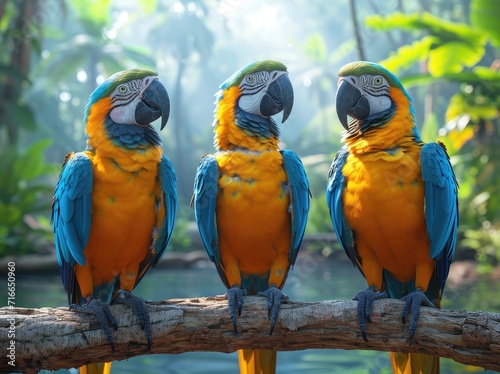 A vibrant group of tropical birds, with striking blue macaws and colorful parakeets, perched gracefully on a tree branch with their beaks and feathers on full display in the great outdoors