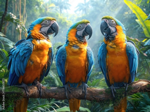 A vibrant gathering of tropical birds, adorned with vivid feathers and sharp beaks, perched gracefully upon a tree branch in the great outdoors