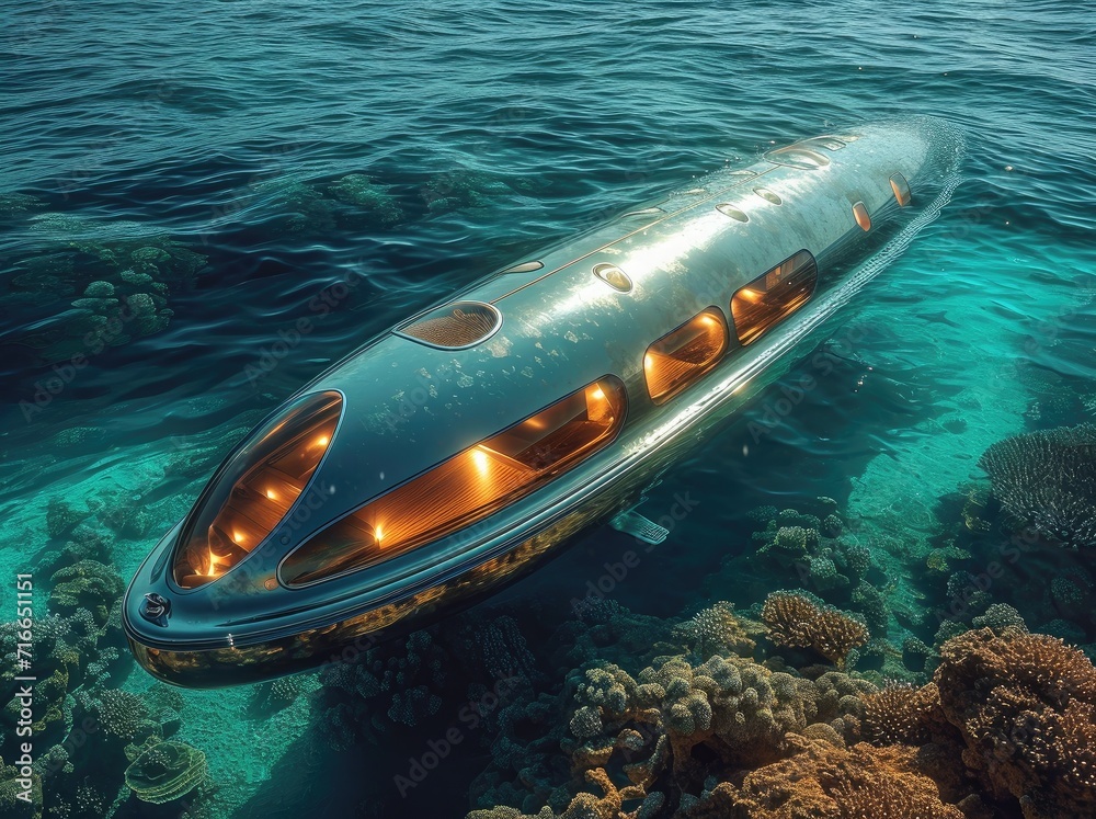 A sleek submarine glides through the crystal clear waters, surrounded ...