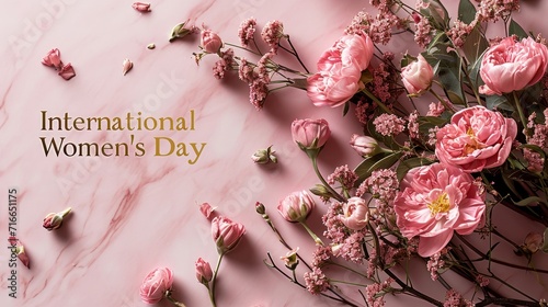 Happy Women's Day pink background with flowers and free space for text. photo