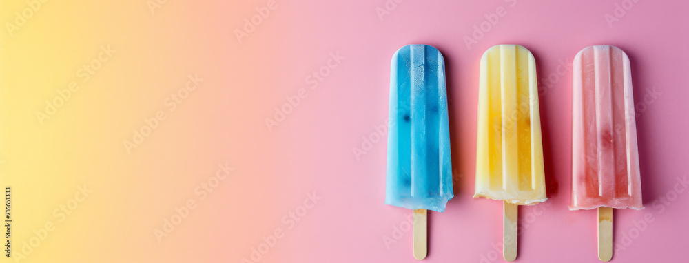 sale banner with blank space for text, pastel background, hyper realistic sharp photography with soft pop popsicle theme --ar 21:8 --v 6 Job ID: 1c96bbdd-4397-4a43-bb8e-c6a49ea6b44d