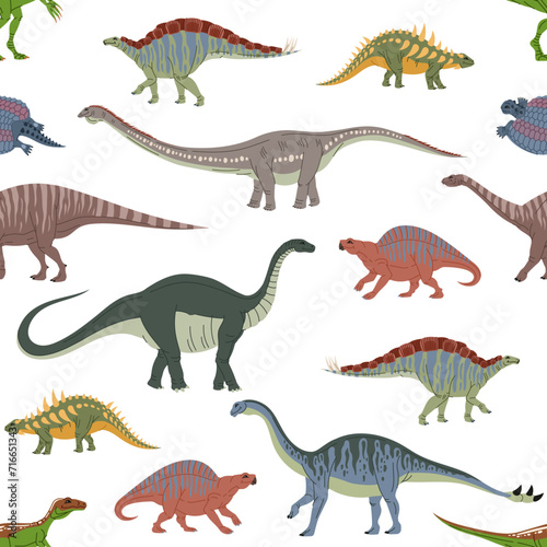 Fototapeta Naklejka Na Ścianę i Meble -  Cartoon dinosaur characters seamless pattern. Cute dino animal personages vector background of eoraptor, lotosaurus, melanorosaurus and apatosaurus, shunosaurus and henodus. Jurassic raptors backdrop