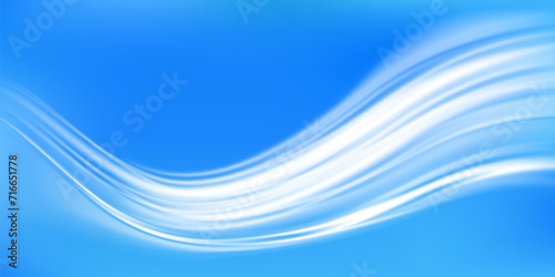 Fresh air flow, white wind waves effect on blue background. Vector abstract light motion trails, fresh cold air blowing from conditioner or cooler, evoking a sense of chill, tranquility and calm