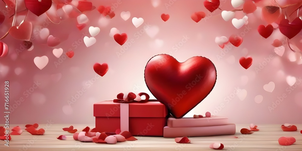 Valentine's day red color gift box with balloon heart background. Generative AI