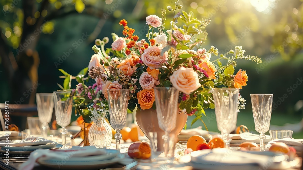 A photo of a beautifully decorated summer party table with bright flowers and elegant tableware, in the golden hour light, A photo of a beautifully decorated summer party table with bright flowers and elegant tableware, in the golden hour light,