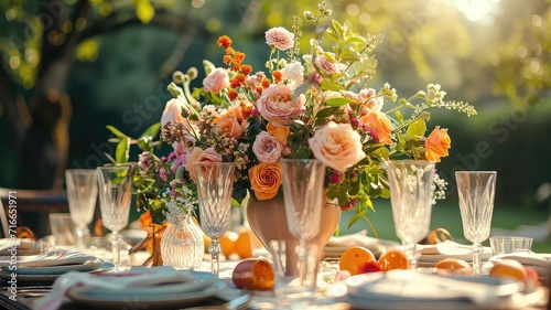 A photo of a beautifully decorated summer party table with bright flowers and elegant tableware, in the golden hour light,