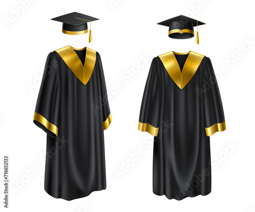 Isolated realistic graduation gown and cap. 3d vector apparel for degree ceremony in University. Black formal robe with golden decor and mortarboard with a tassel symbolizing academic achievement