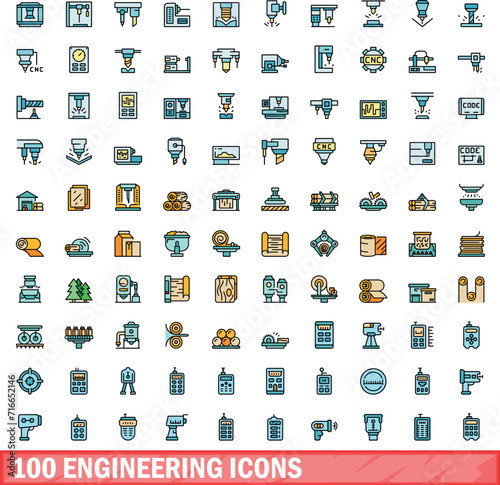 100 engineering icons set. Color line set of engineering vector icons thin line color flat on white
