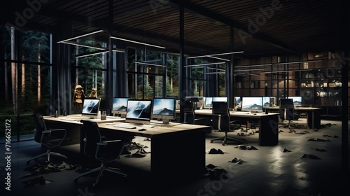 contemporary nighttime office interior with aligned workstations and modern design © Ashi