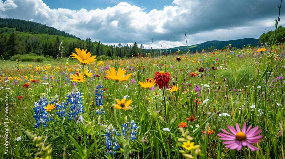 A blooming wildflower field in the mountains with bees and butterflies.