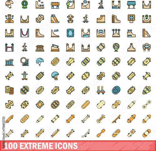 100 extreme icons set. Color line set of extreme vector icons thin line color flat on white