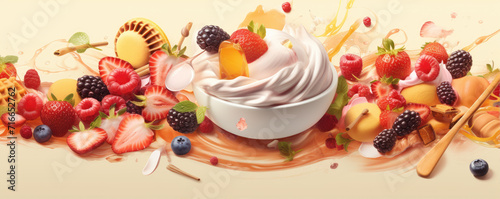 Summer fresh fruits and ice spash background. Slices of fruits flying. photo