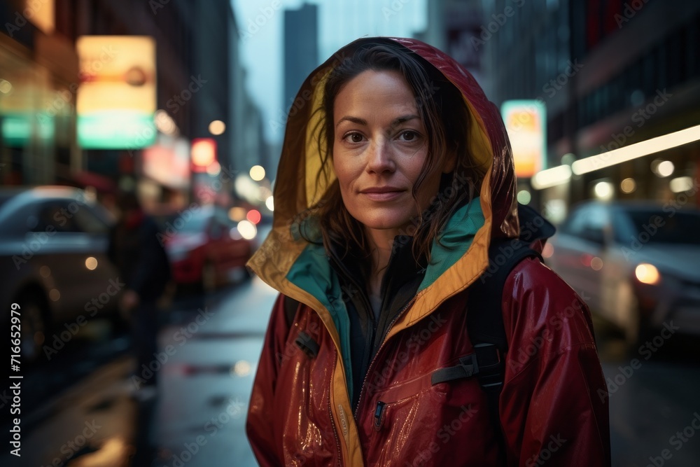 Portrait of a glad woman in her 40s wearing a functional windbreaker against a bustling city street at night. AI Generation Portrait of a glad woman in her 40s wearing a functional windbreaker against a bustling city street at night. AI Generation