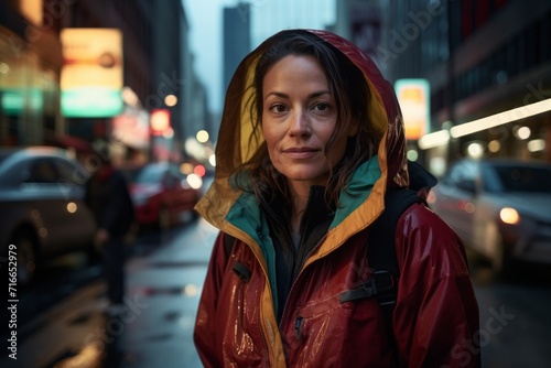 Portrait of a glad woman in her 40s wearing a functional windbreaker against a bustling city street at night. AI Generation
