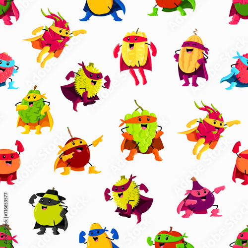 Cartoon fruit superhero and defender characters seamless pattern. Vector tile background with dragon or star fruit  durian  melon  grape. Pear  figs  mango  apple and bergamot  lychee  orange  feijoa