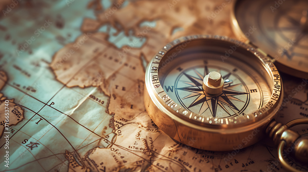 A vintage-style compass surrounded by soft, faded maps, symbolizing the journey of love through time and distance.