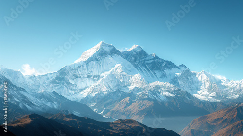 A high-altitude mountain range with snow-capped peaks and clear blue skies. © karl