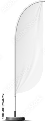 Realistic banner stand, beach flag. Isolated 3d vector feather-shaped blank wind flag mockup features a clean canvas for showcasing branding or messages in a dynamic and eye-catching outdoor setting
