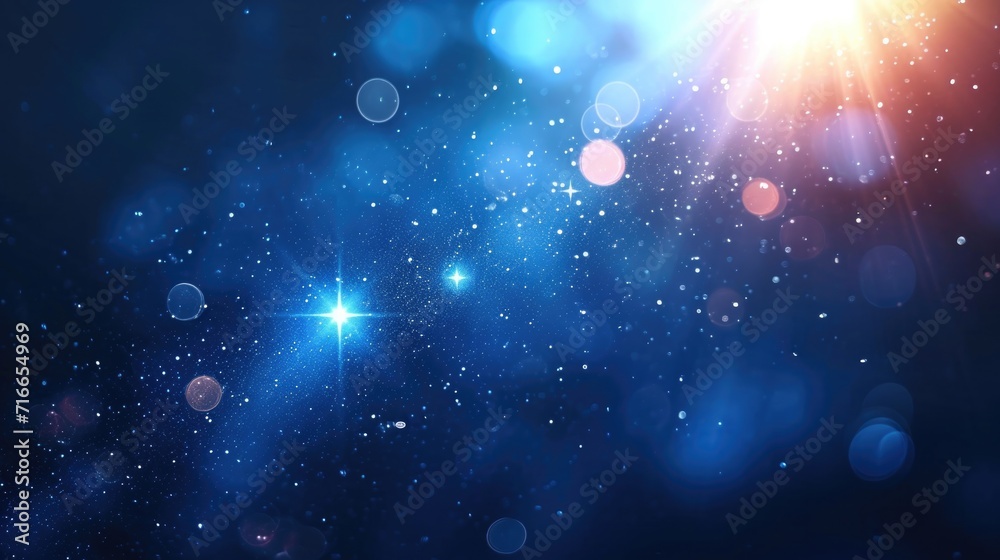 Fototapeta premium Dark blue background with sparkling stars, particles. Abstract backdrop with bokeh, circles, white and pink light