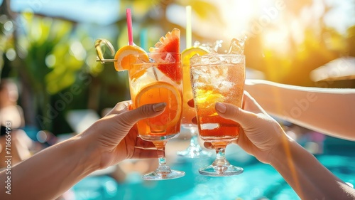 A photo of a close-up of hands toasting with summer cocktails at a poolside party, with a sunlit