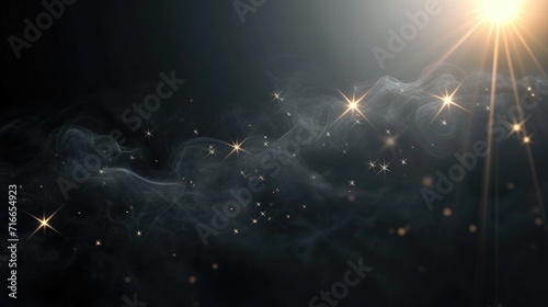 Black background with golden stars, a band of sparkling particles. Space, the Milky Way, bright flashes of light and cloudy haze photo