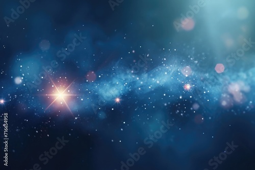 Dark blue background with sparkling stars, particles. Abstract backdrop with bokeh, circles, white and pink light