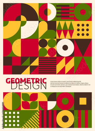 Modern abstract poster with geometric bauhaus pattern in red, green, yellow, brown and white palette. Vector avant-garde composition with bold shapes and elements create a visually compelling design