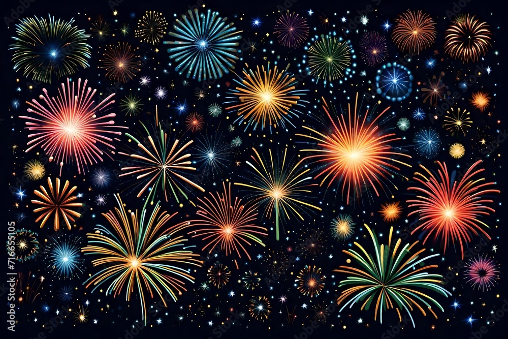 Gorgeous multi-colored fireworks display on dark blue night sky, with copyspace 