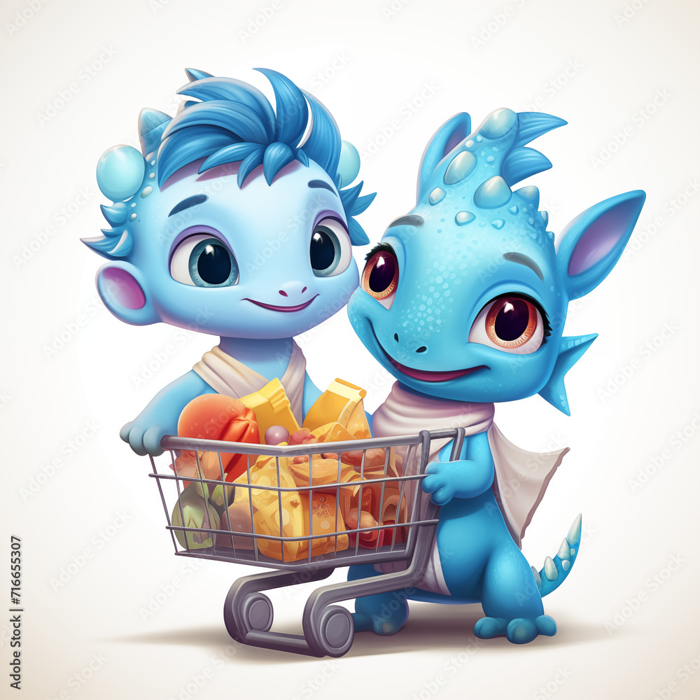 Naklejka premium Blue dragon couple is shopping with a cart