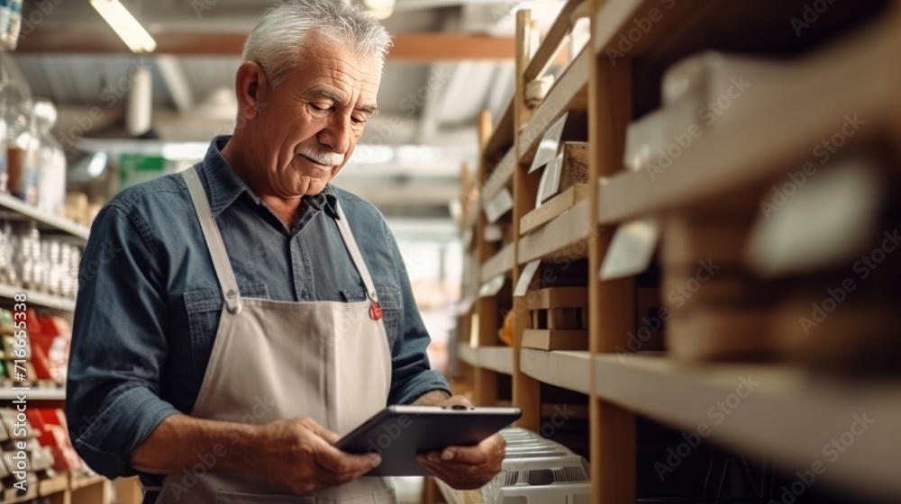Elderly man working in a hardware store using digital tablet. Small business concept.