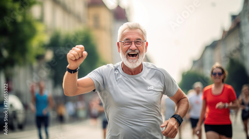 Portrait of a Senior Male Jogger Running in a City Marathon and Being Cheered for by the Audience. Healthy and Fit Elderly Man Enjoying Physical Activity and Staying in Shape. © Santy Hong
