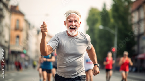 Portrait of a Senior Male Jogger Running in a City Marathon and Being Cheered for by the Audience. Healthy and Fit Elderly Man Enjoying Physical Activity and Staying in Shape.