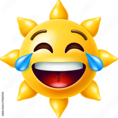 3d sun emoji, cool and cute yellow sunny character laugh with tears radiates joy. Isolated vector beaming sun face chuckling heartily while tear droplets roll down, capturing a delightful, sunny mirth