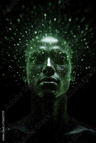 Man in Glowing Green Data Particles. concept virtual model of artificial intelligence