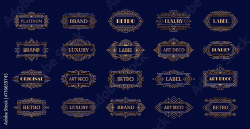 Golden art deco frames, vintage borders and labels, modern geometric ornament decoration isolated vector set. Retro-inspired luxury emblems for brand or premium product presentation and identity