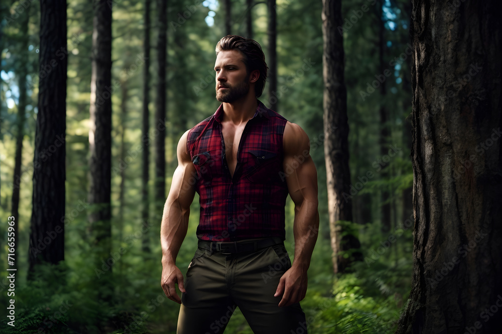 A Man Standing in the Middle of a Serene Forest. Generative AI.