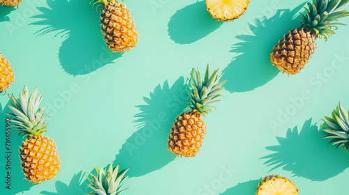 Fashionable bright pattern of pineapples. Pastel green background. Minimalist summer food concept. Generative AI