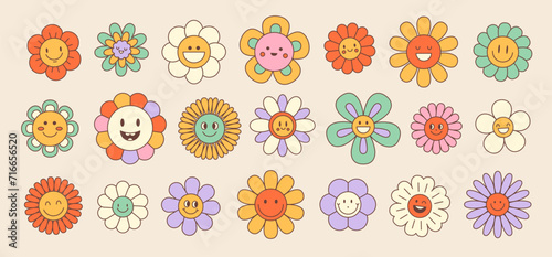 Retro groovy hippie daisy sunflower flower characters set. Isolated vector cute happy chamomile bloom faces with vibrant joyous smile, floral reminiscent of 70s, spreading joy with cheerful presence