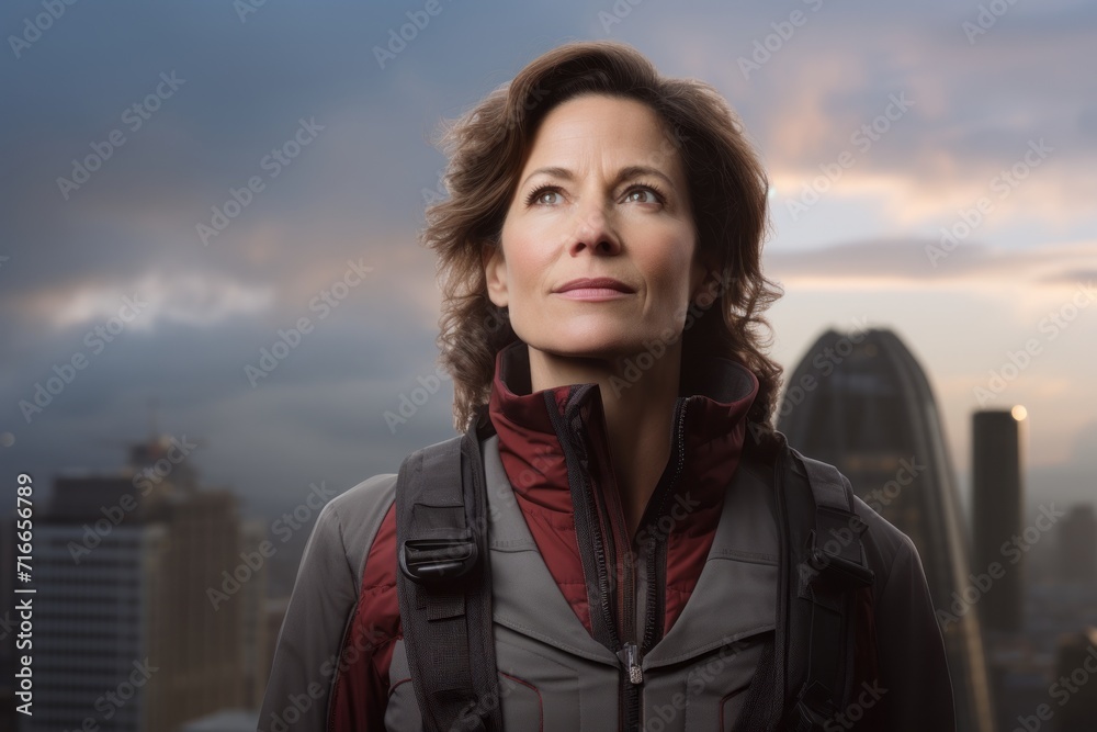 Portrait of a glad woman in her 40s dressed in a thermal insulation vest against a stunning skyscraper skyline. AI Generation Portrait of a glad woman in her 40s dressed in a thermal insulation vest against a stunning skyscraper skyline. AI Generation