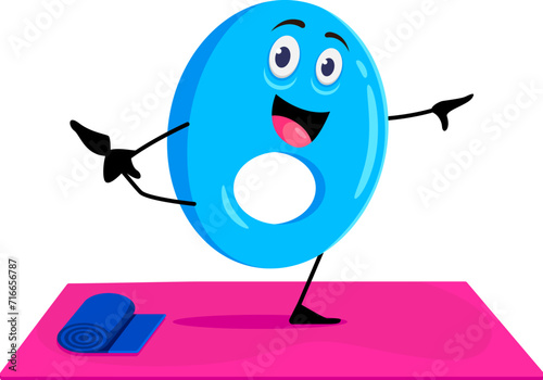 Cartoon math number zero character on yoga fitness sport. Isolated vector lively 0 numeric personage engages playful asana poses, combining calculation learning and pilates in fun educational session