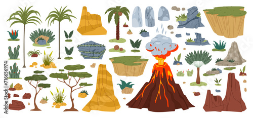 Jungle and jurassic dinosaur era environment game asset. Plants and trees, rock and volcano, stones and palms isolated prehistoric natural cartoon vector objects and graphic surrounding elements set photo